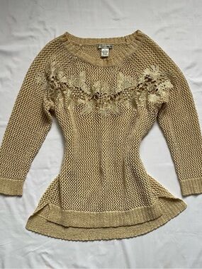 Beige Floral Yoke Knit Sweater - Women
